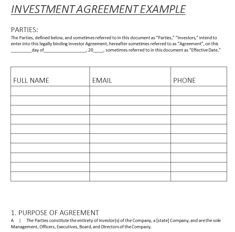 Investment Agreement Form Example — downloadable template preview