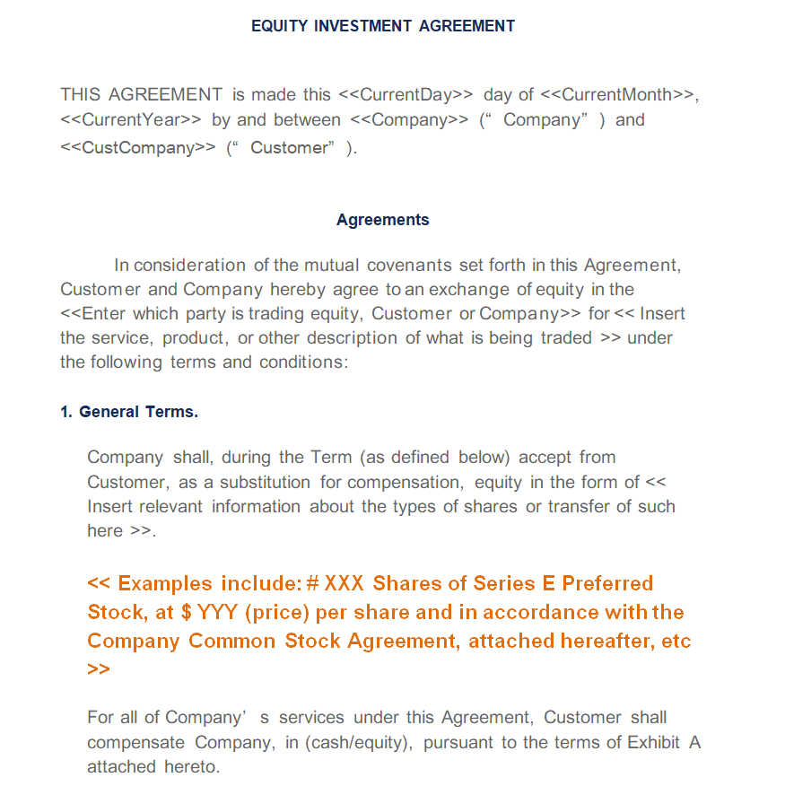 Equity Investment Agreement — downloadable template preview