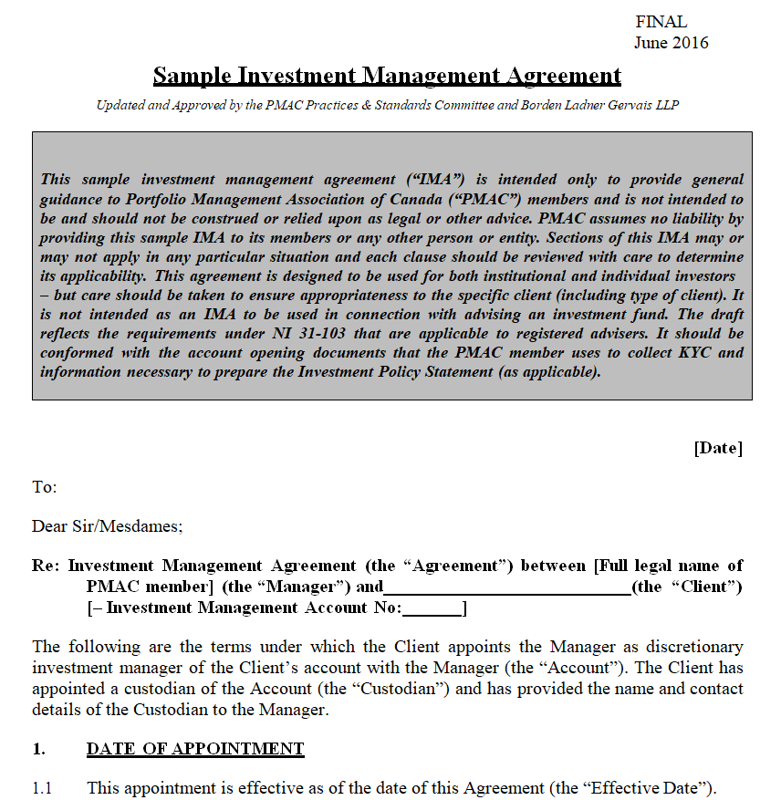 Sample Investment Management Agreement — downloadable template preview