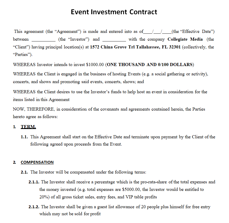 Event Investment Contract Word — downloadable template preview