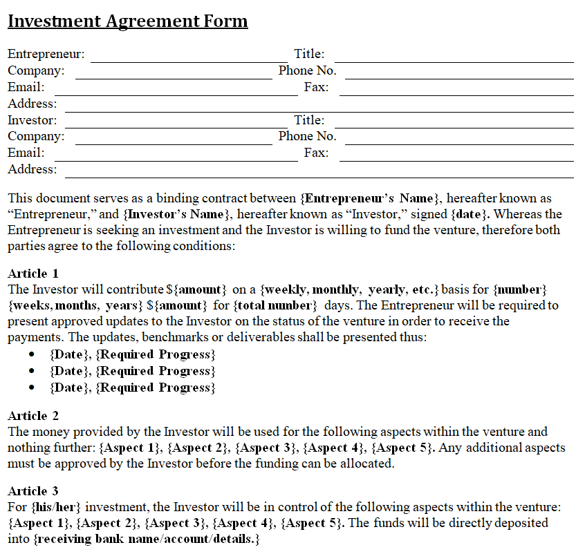 Fillable Investment Agreement Form — downloadable template preview