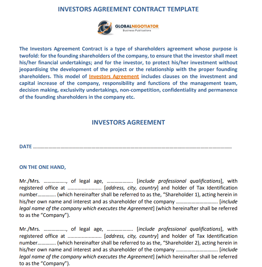 Investors Agreement Contract PDF — downloadable template preview