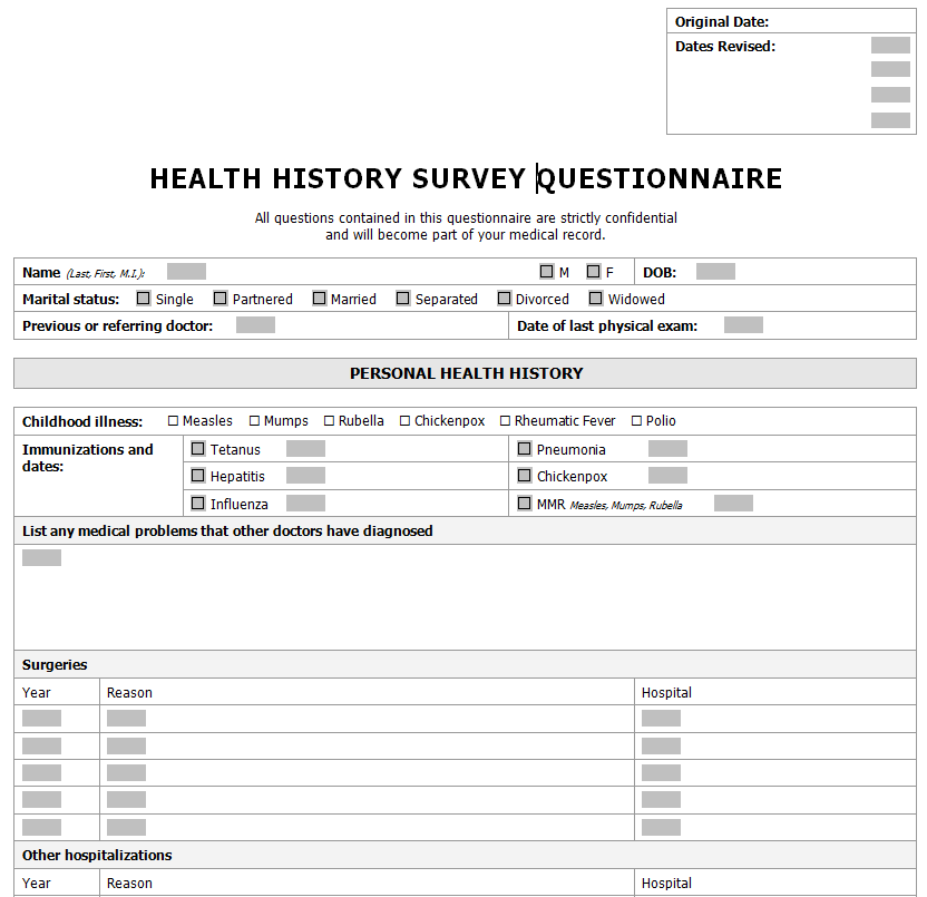 Health History Survey Questionnaire Example — downloadable template preview