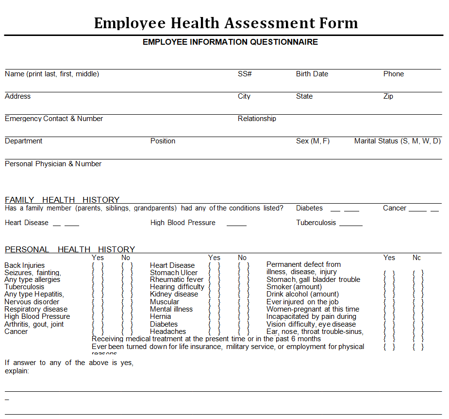 Employee Health Survey Questionnaire Form — downloadable template preview