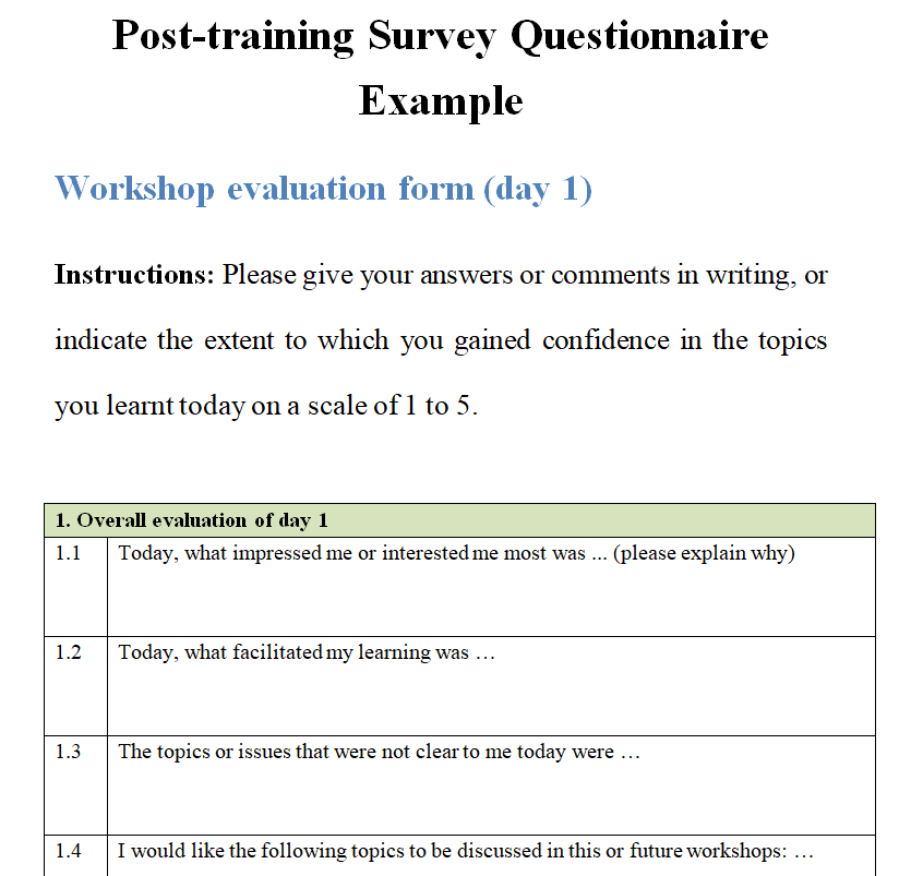 Post-Training Survey Questionnaire Example — downloadable template preview