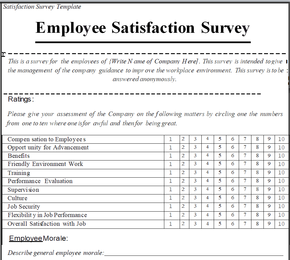 Detailed Employee Satisfaction Survey Questionnaire Example — downloadable template preview