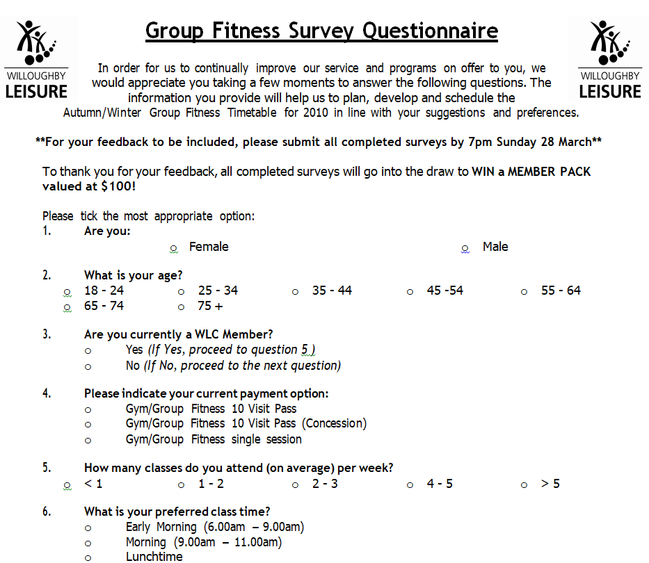 Sample Group Fitness Survey Questionnaire Example — downloadable template preview