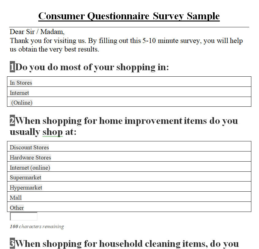 Fillable Consumer Survey Questionnaire Sample — downloadable template preview