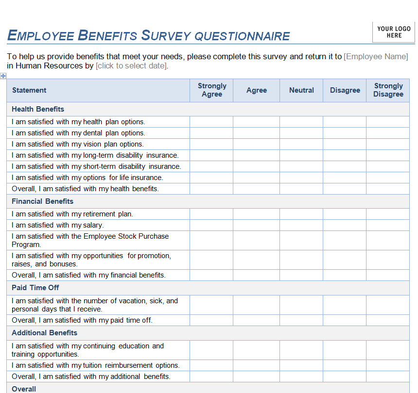 Employee Benefits Survey Questionnaire Word Template — downloadable template preview