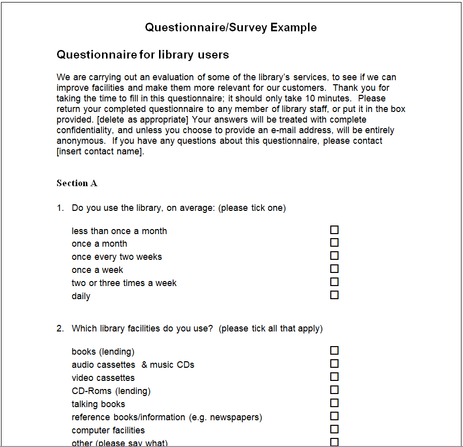 Library Users Survey Questionnaire Example — downloadable template preview