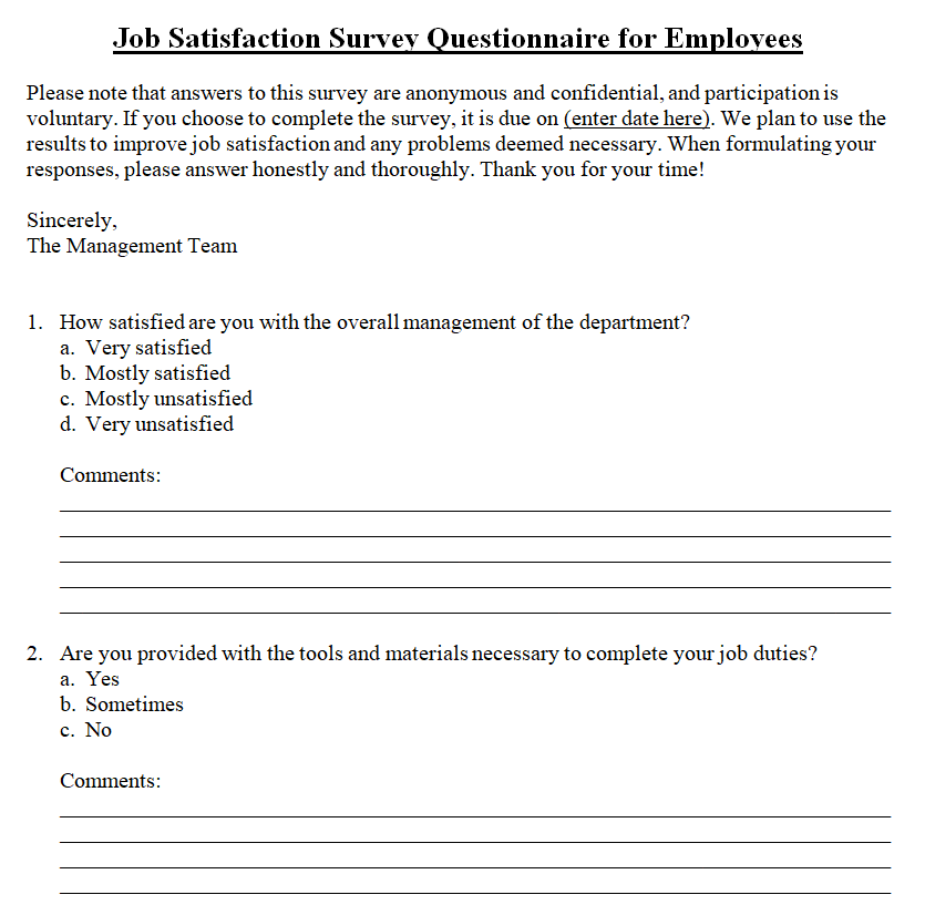 Employees Job Satisfaction Survey Questionnaire Template — downloadable template preview