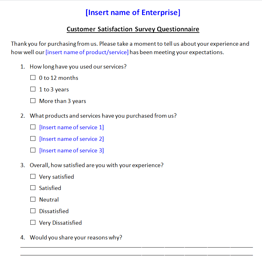 Enterprise Customer Satisfaction Survey Questionnaire Sample — downloadable template preview