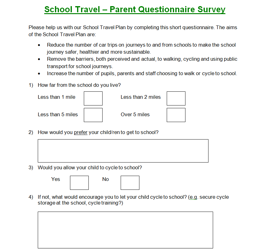 School Travel - Parent Survey Questionnaire Sample Word — downloadable template preview