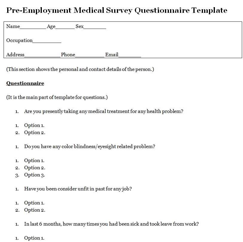 Pre-Employment Medical Survey Questionnaire Word Template — downloadable template preview