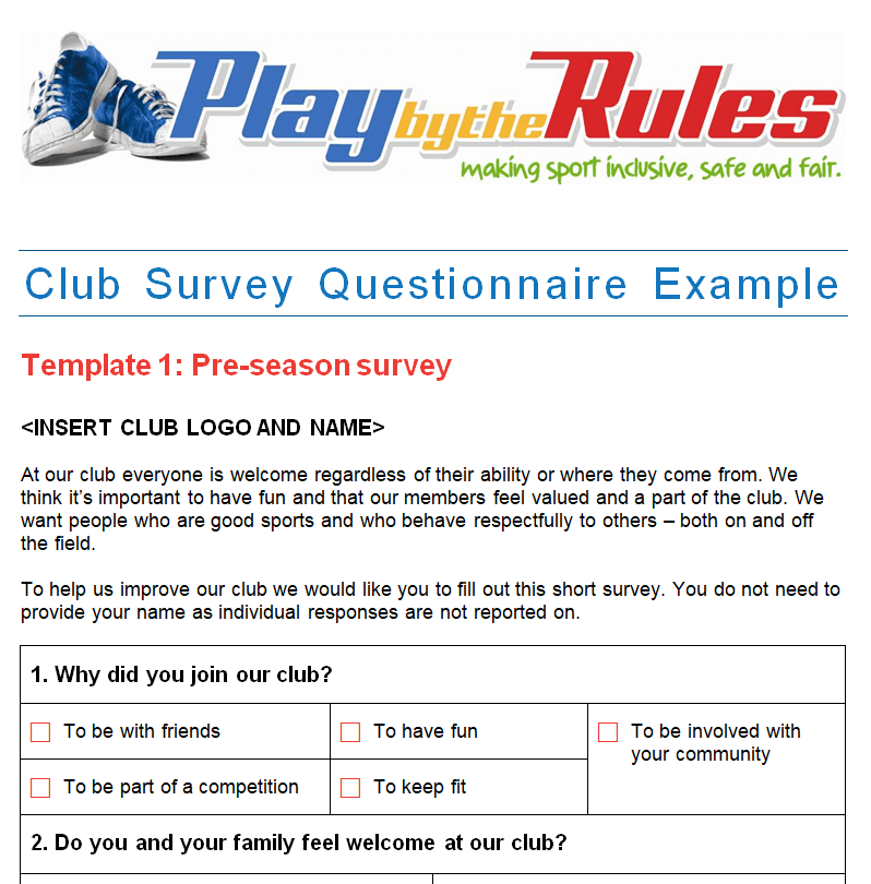 Sports Club Survey Questionnaire Example — downloadable template preview