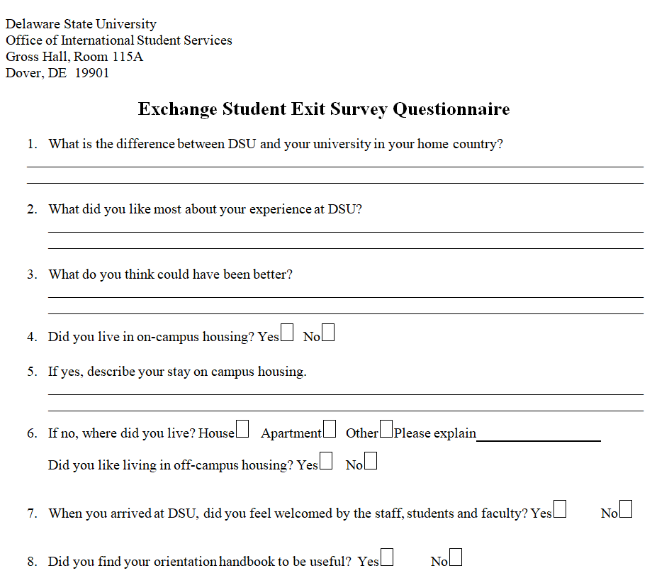 Exchange Student Exit Survey Questionnaire Sample — downloadable template preview