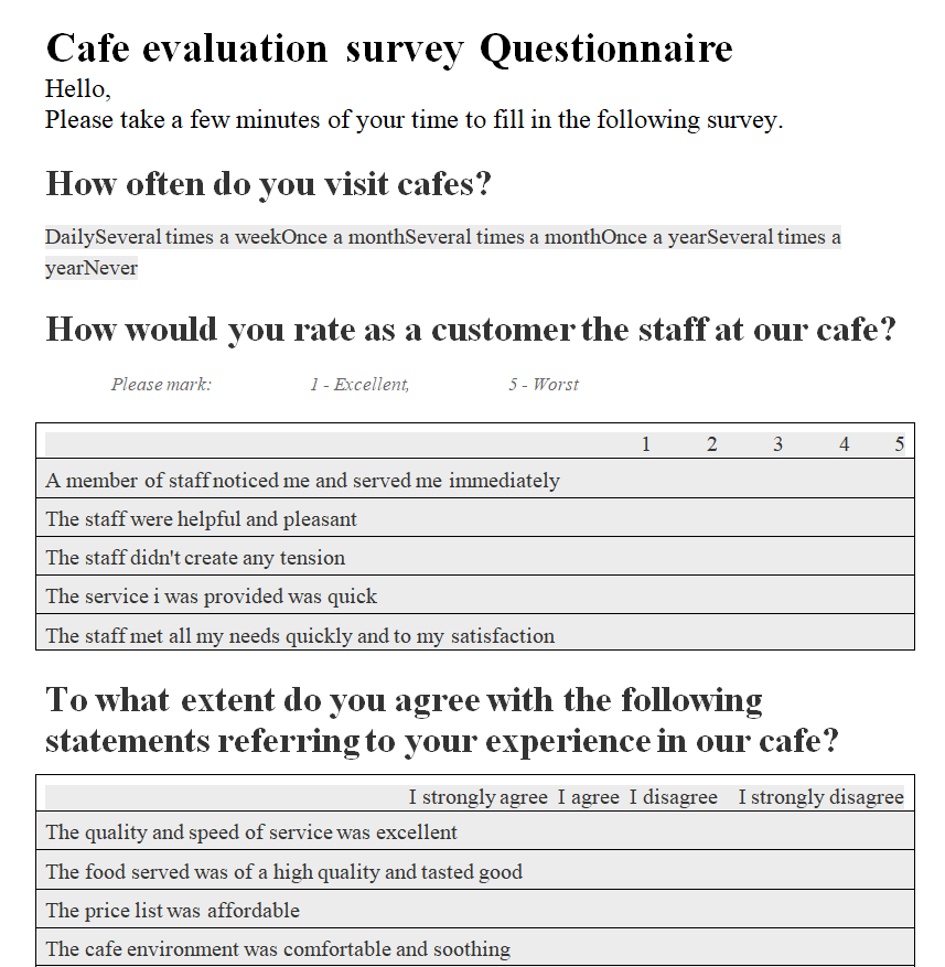 Cafe Evaluation Survey Questionnaire Example — downloadable template preview