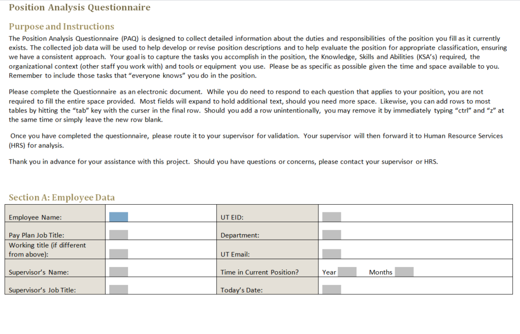 Position Analysis Survey Questionnaire Sample — downloadable template preview