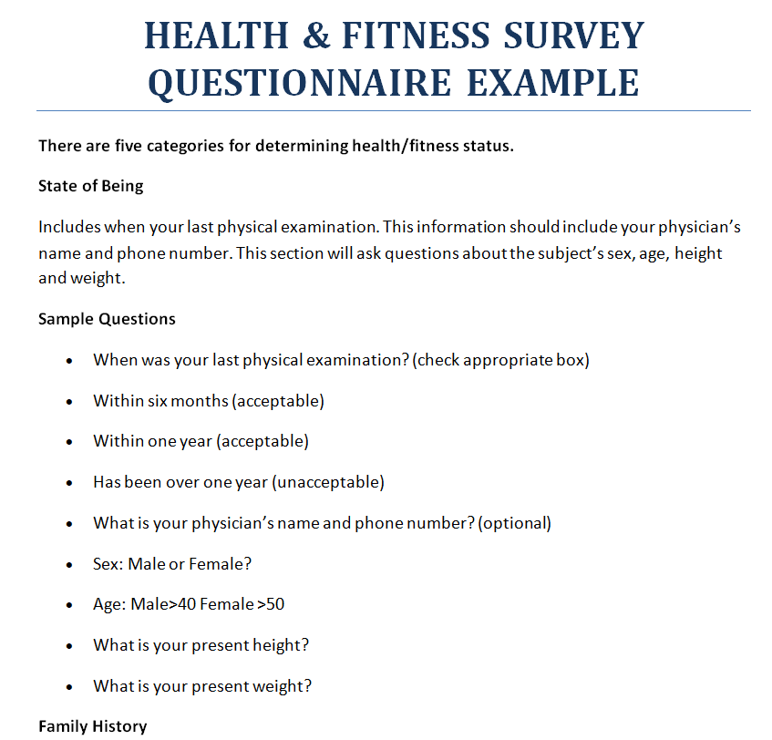 Printable Health & Fitness Survey Questionnaire Example — downloadable template preview