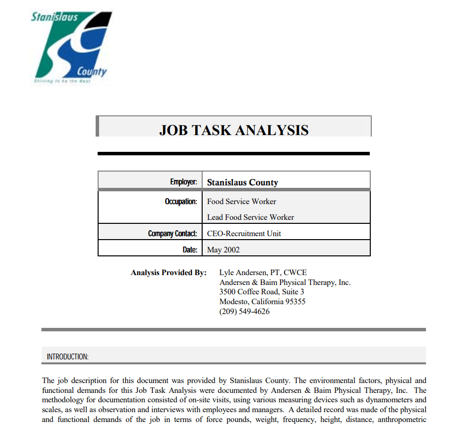Special Job Task Analysis — downloadable template preview