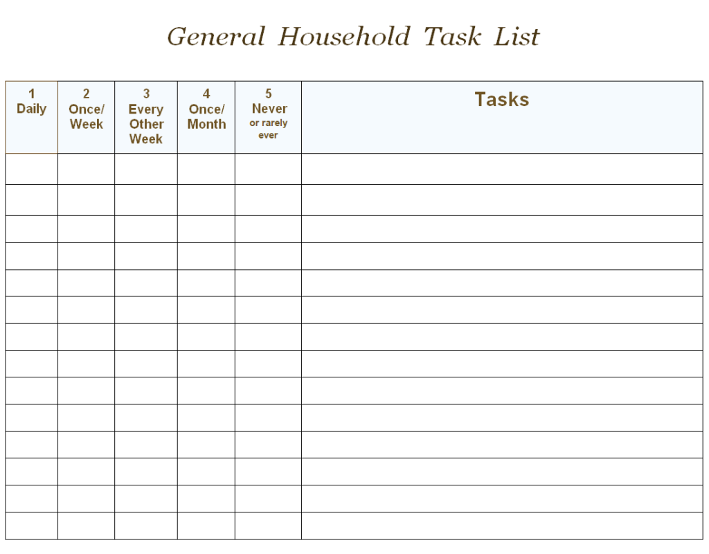 Generic Household Task List Template — downloadable template preview
