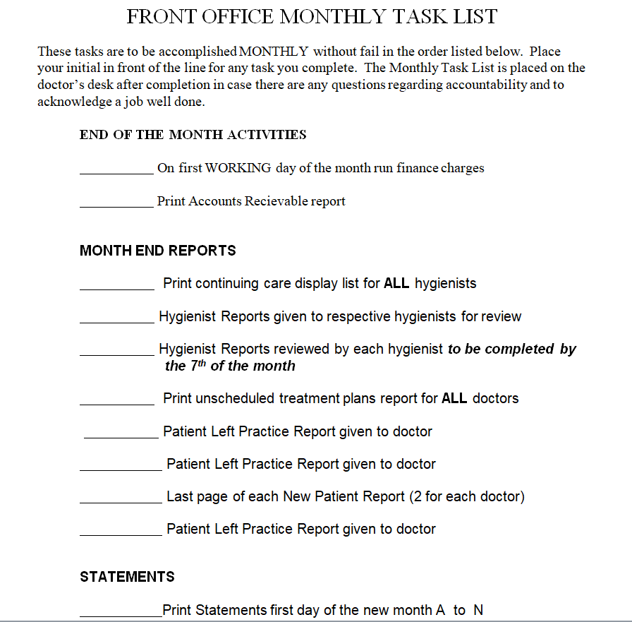 Monthly Task List Template of Front Office — downloadable template preview