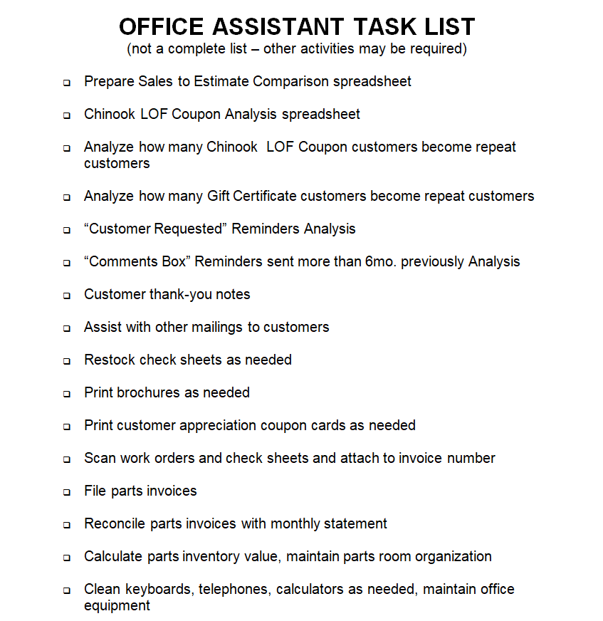 Office Assistant Task List Sample DOC — downloadable template preview