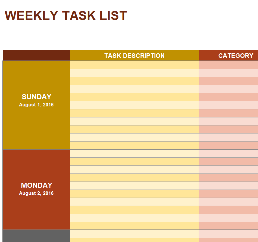 Weekly Task List Template in MS EXCEL — downloadable template preview