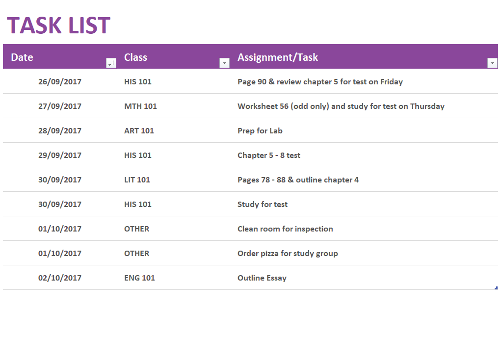 Special Task List Template Excel — downloadable template preview