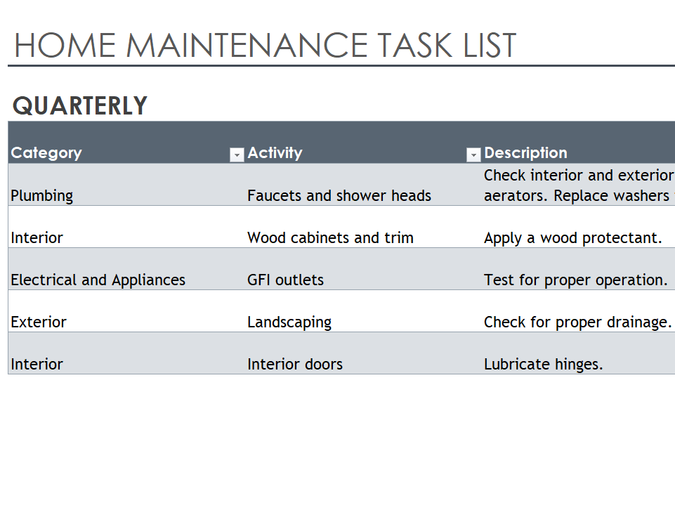 Home Maintenance Task List Template in XSLX Format — downloadable template preview