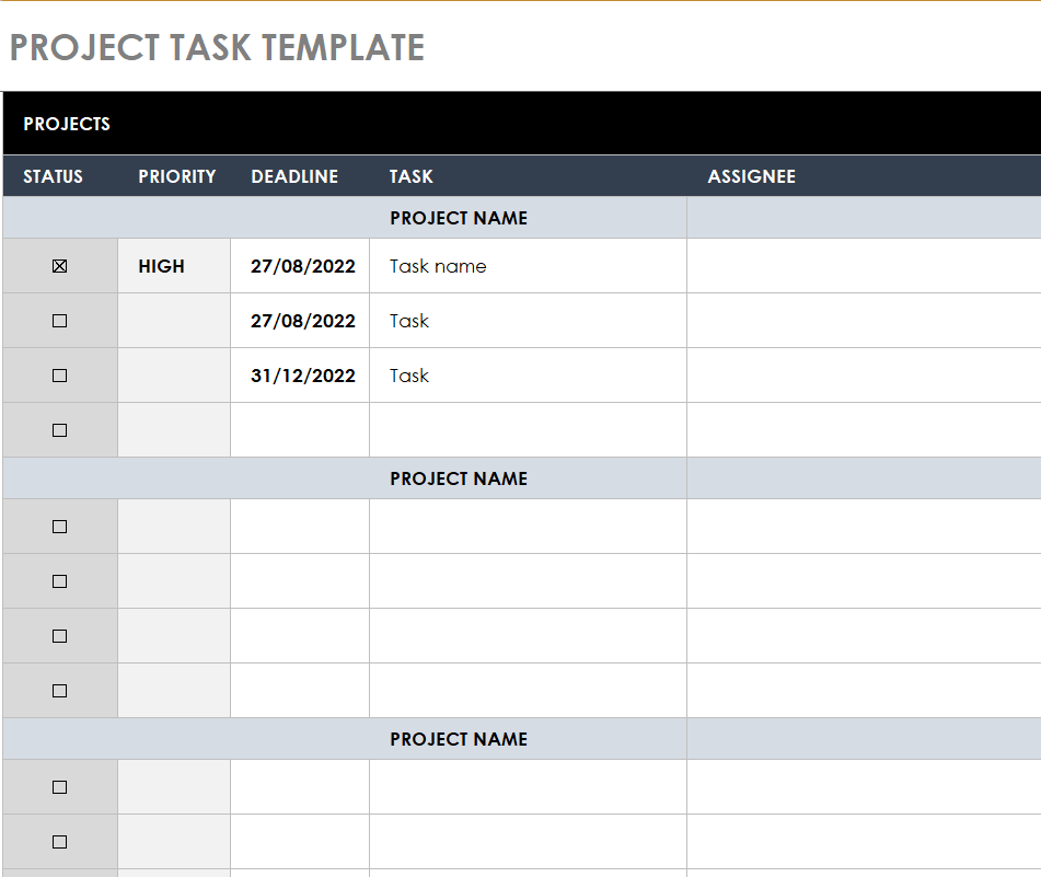 Project Task List Template in MS EXCEL — downloadable template preview