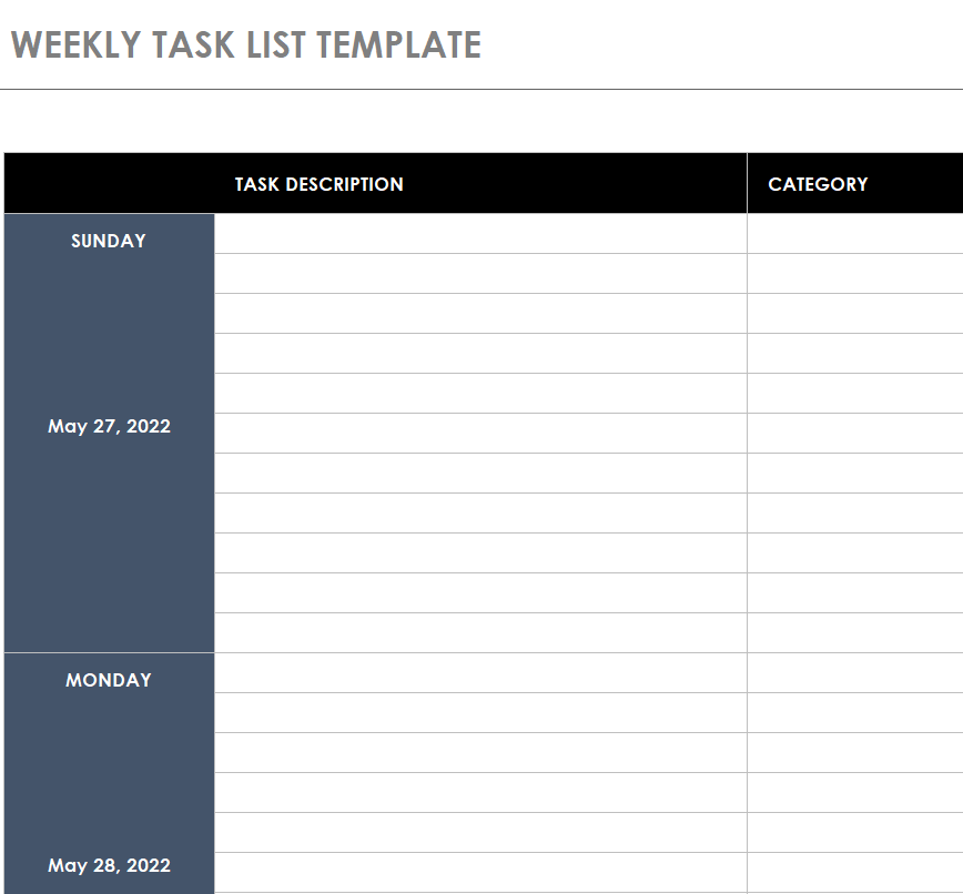 Weekly Task List Template Fillable — downloadable template preview