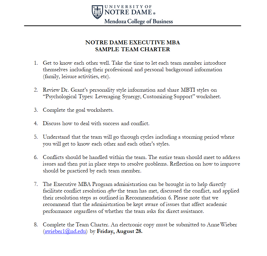 Business College Team Charter Example — downloadable template preview