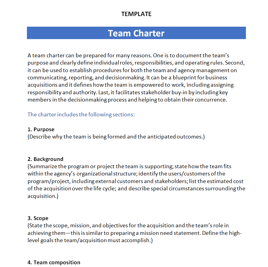 Detailed Team Charter Template in MS WORD — downloadable template preview