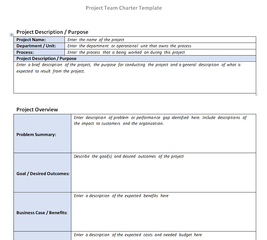 Sample Project Team Charter Template — downloadable template preview