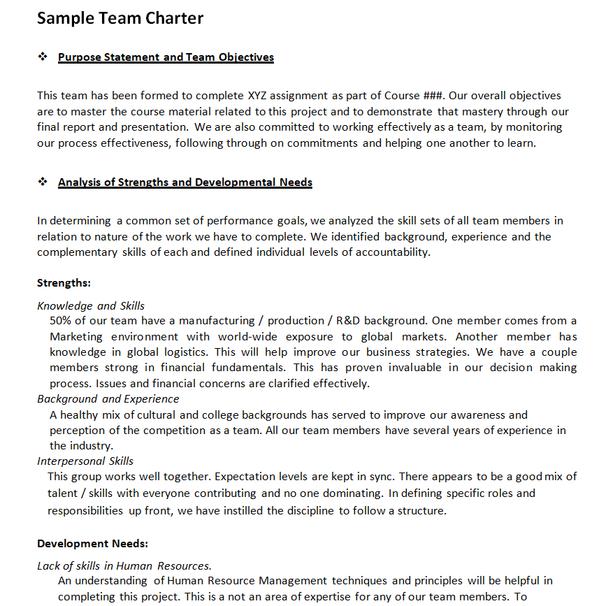 Sample Team Charter Template in WORD — downloadable template preview