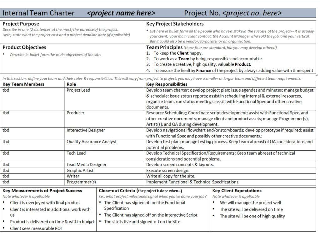 Project Internal Team Charter Sample — downloadable template preview