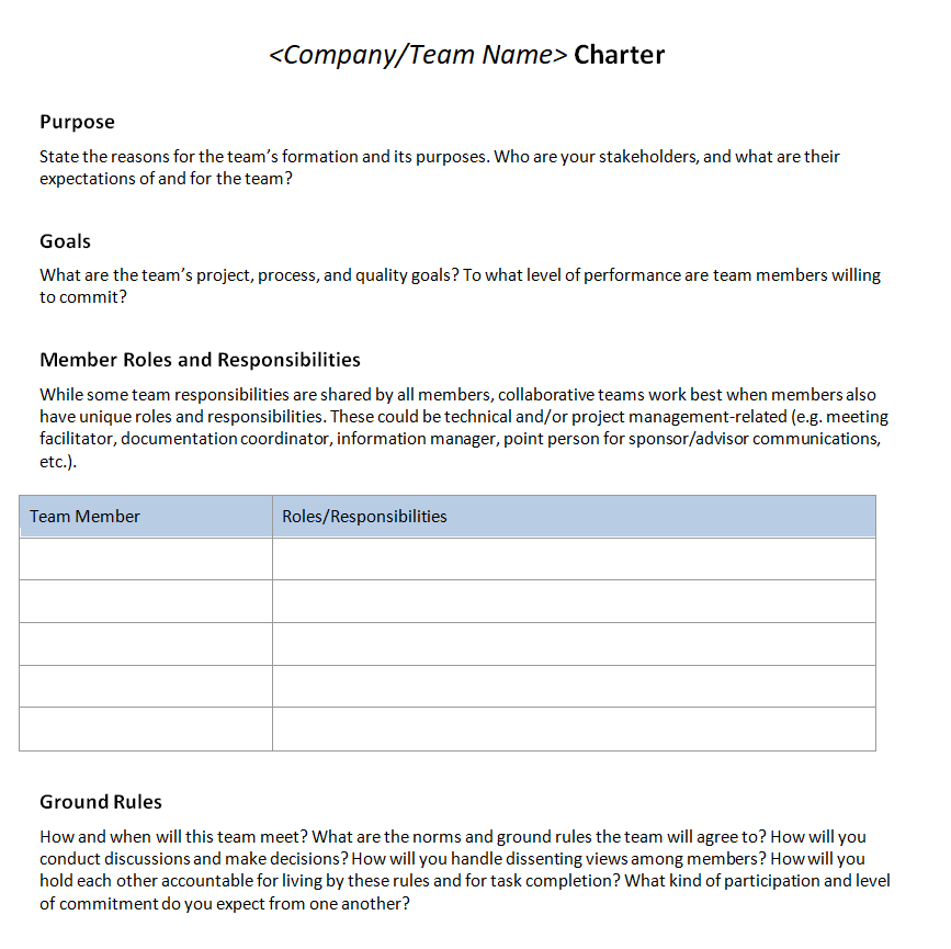 Company's Editable Team Charter Sample — downloadable template preview