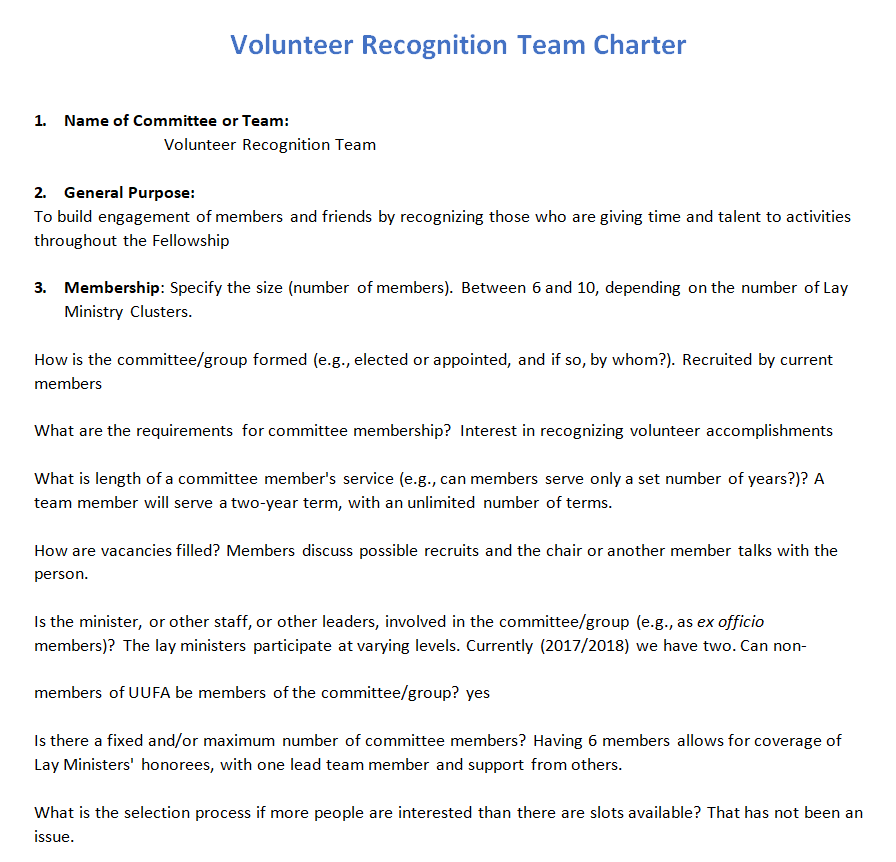 Volunteer Recognition Team Charter Example — downloadable template preview