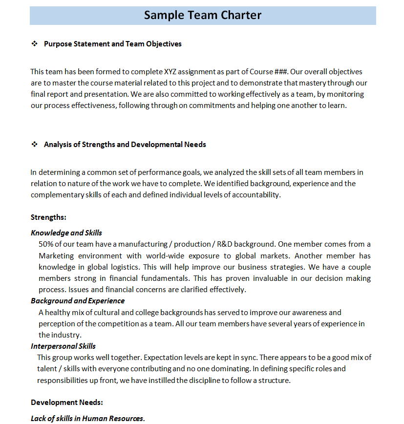 Sample Official Team Charter Example in WORD — downloadable template preview
