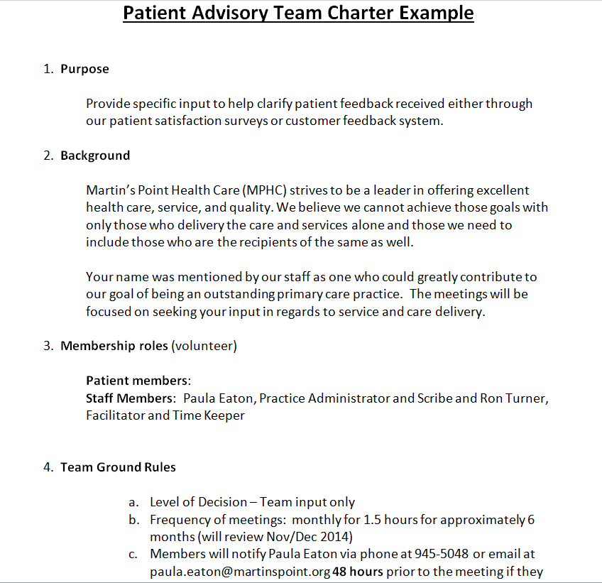 Patient Advisory Team Charter Example — downloadable template preview