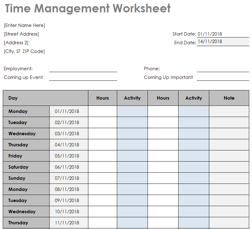 Time Management Worksheet Excel Template — downloadable template preview