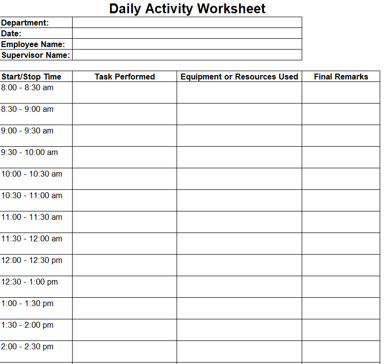 Simple Daily Activity Worksheet Template in XLSX Format — downloadable template preview