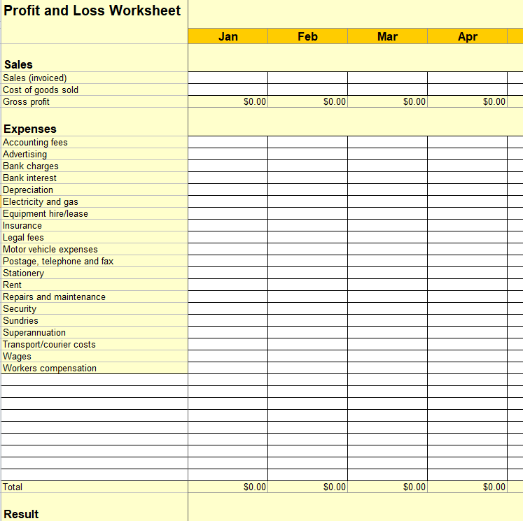 Free Profit & Loss Worksheet Template in Excel — downloadable template preview