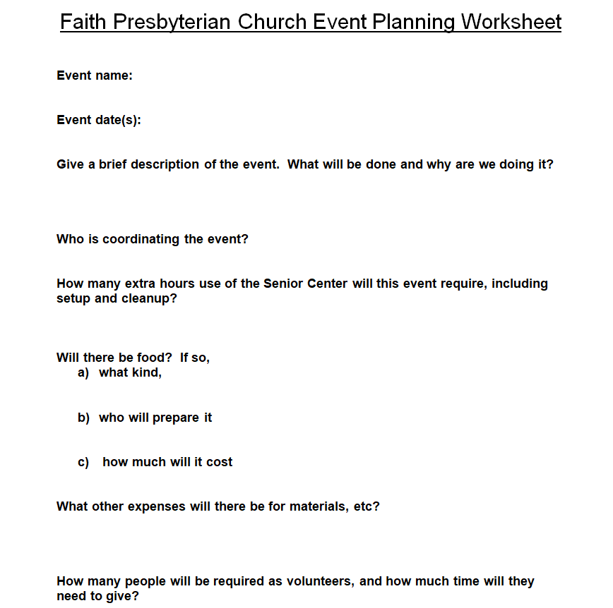 Church Event Planning Worksheet Template MS WORD — downloadable template preview