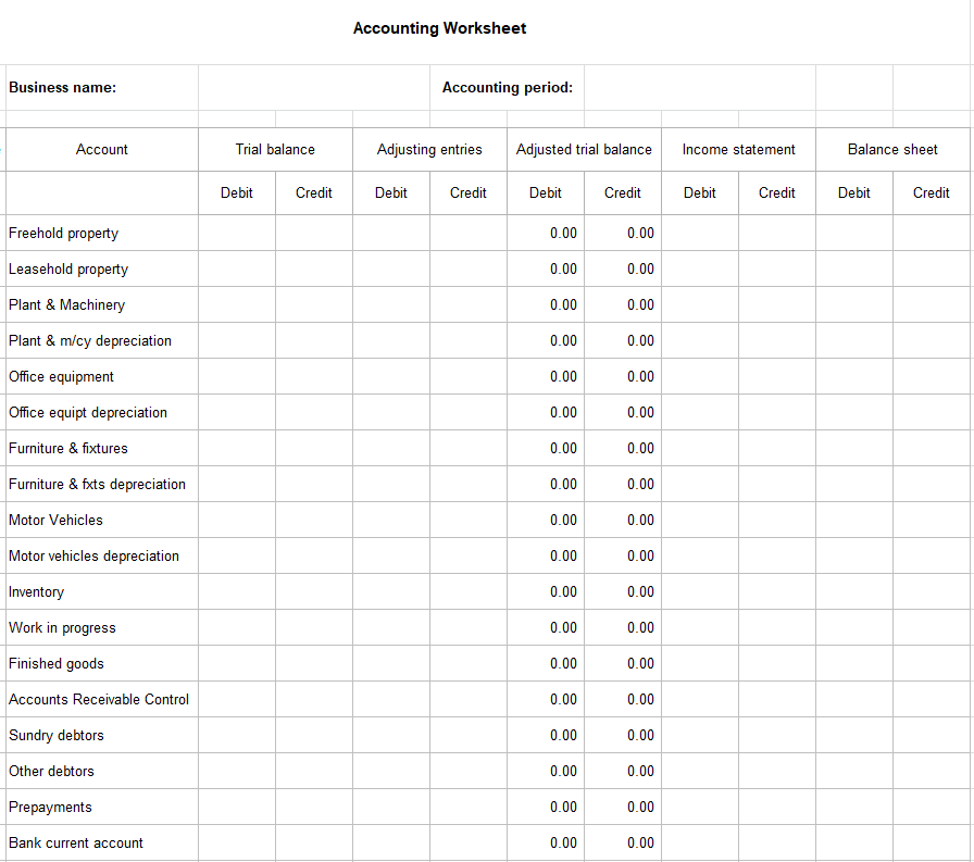 Sample Accounting Worksheet in MS EXCEL — downloadable template preview