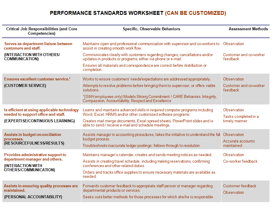 Performance Standard Worksheet Template — downloadable template preview