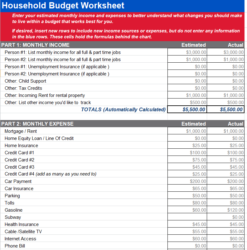 Household Budget Excel Worksheet Template — downloadable template preview