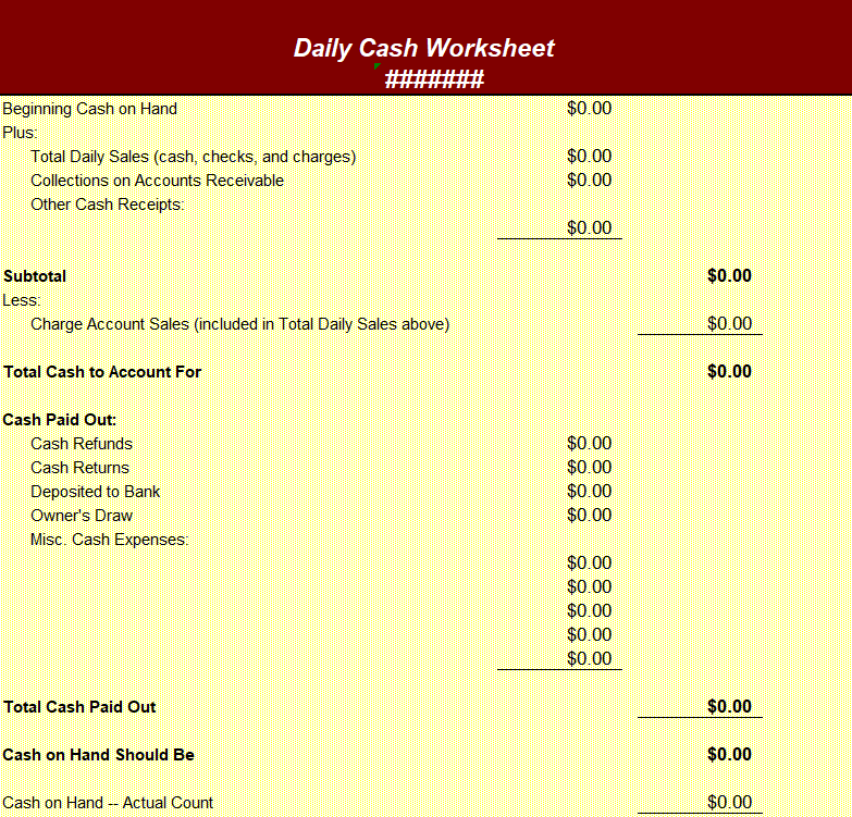 Daily Cash Worksheet XLSX Format — downloadable template preview