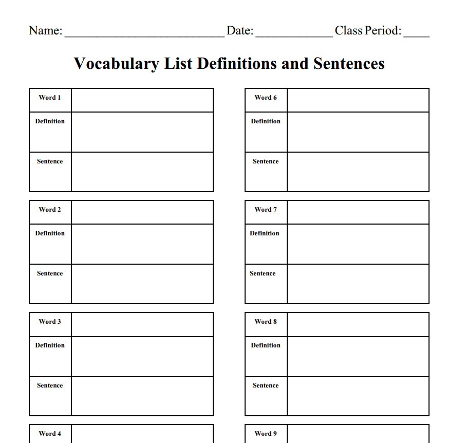Vocabulary List Worksheet Sample PDF — downloadable template preview